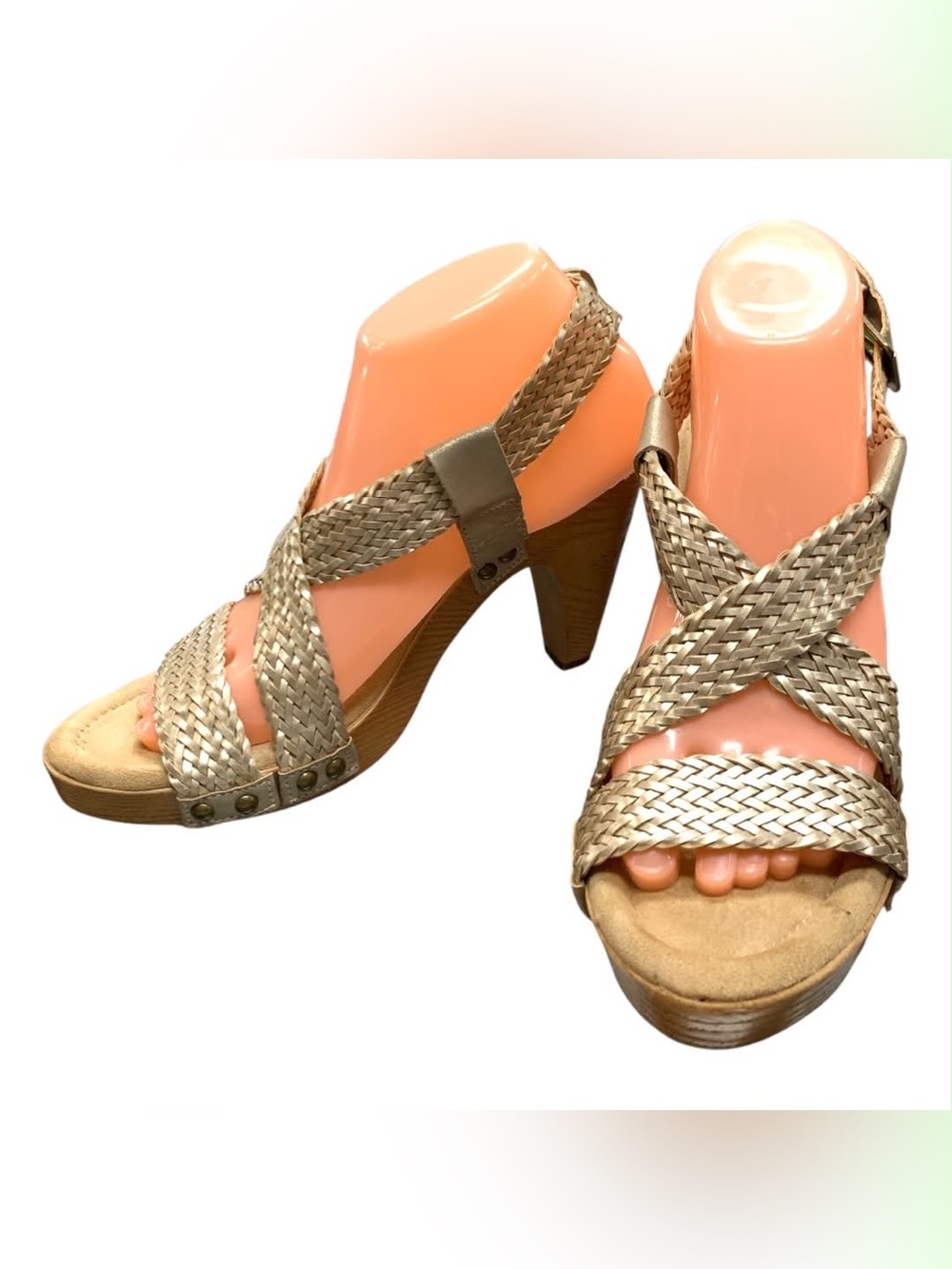 G.H. Bass & Co. Braided Metallic Tan Wedge Sandals S8